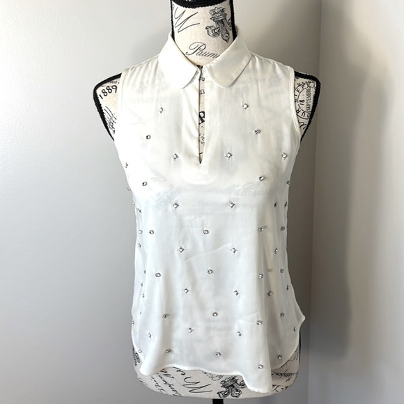 ANN TAYLOR PETITE XSP • IVORY SLEEVELESS BLOUSE • FAUX PEARLS and CRYSTALS - Picture 3 of 9